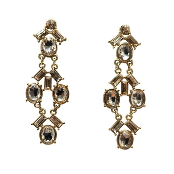 Vintage Gold Tone Crystal Drop Earrings With Faceted Oval Baguette Stones - Picture 1 of 4